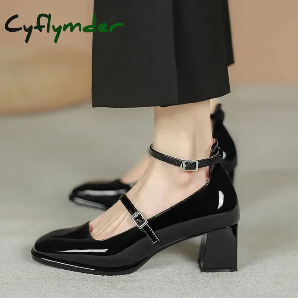 Cyflymder New Women’s Mary Janes Shoes High Quality Leather Shoes for Women Square Toe Shallow Buckle Strap Women’s