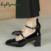 Cyflymder New Women’s Mary Janes Shoes High Quality Leather Shoes for Women Square Toe Shallow Buckle Strap Women’s
