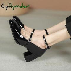 Cyflymder New Women’s Mary Janes Shoes High Quality Leather Shoes for Women Square Toe Shallow Buckle Strap Women’s