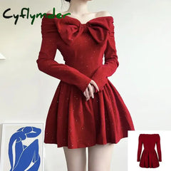 Cyflymder NEW YEAR DRESS Holiday Christmas Bow Velvet A-Line Red Dress Slim Slash Neck Long Sleeve Mini Dresses For