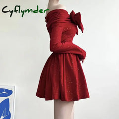 Cyflymder NEW YEAR DRESS Holiday Christmas Bow Velvet A-Line Red Dress Slim Slash Neck Long Sleeve Mini Dresses For