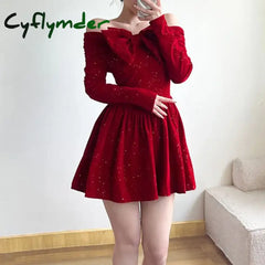 Cyflymder NEW YEAR DRESS Holiday Christmas Bow Velvet A-Line Red Dress Slim Slash Neck Long Sleeve Mini Dresses For