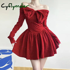Holiday Christmas Bow Velvet A-Line Red Dress Slim Slash Neck Long Sleeve Mini Dresses For Women Autumn Winter Lady