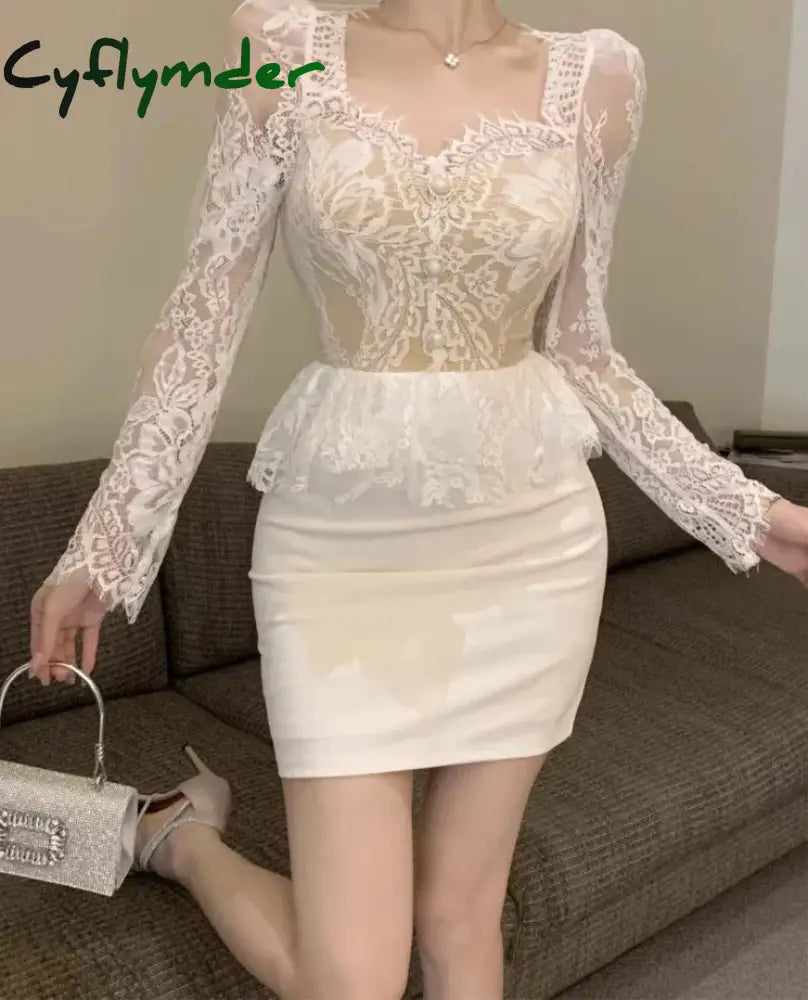 Cyflymder NEW YEAR DRESS TO IMPRESS Dresses Women Elegant Square Collar Lace Patchwork Long Sleeve Slim Sexy Dress