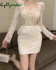 Cyflymder NEW YEAR DRESS TO IMPRESS Dresses Women Elegant Square Collar Lace Patchwork Long Sleeve Slim Sexy Dress
