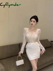 Cyflymder NEW YEAR DRESS TO IMPRESS Dresses Women Elegant Square Collar Lace Patchwork Long Sleeve Slim Sexy Dress