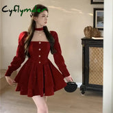 Cyflymder NEW YEAR DRESS TO IMPRESS Long Sleeve Velvet Dress Women Princess Square Collar Autumn Buttons Ruffles Bling