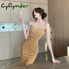 Cyflymder NEW YEAR DRESS TO IMPRESS Sexy Sequins Midi Dresses for Women French Style Velvet Sleeveless Backless Slim
