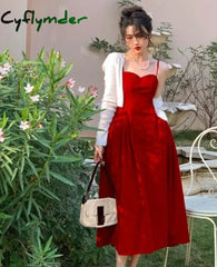 Cyflymder NEW YEAR DRESS TO IMPRESS Summer French Vintage Strap Dress Women Red Elegent Korean Party Midi Dress Female