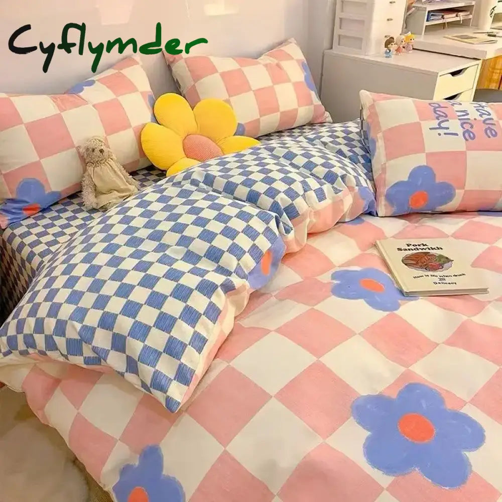 Cyflymder Nordic Pink Checkerboard Duvet Cover Sets With Pillowcases Flat Sheet Kids Girls Boys Full Queen Twin Size