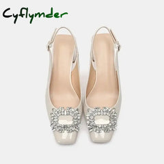 Cyflymder Nude Sandals Lady Patent Leather Thick Heel Baotou Spring and Summer New Small Square Head Rhinestone French