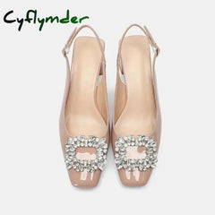 Cyflymder Nude Sandals Lady Patent Leather Thick Heel Baotou Spring and Summer New Small Square Head Rhinestone French