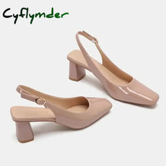 Cyflymder Nude Sandals Lady Patent Leather Thick Heel Baotou Spring and Summer New Small Square Head Rhinestone French