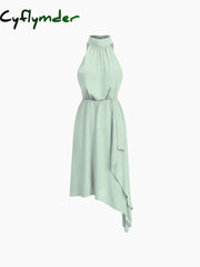 Cyflymder - Oblique Hem Tied Halter Short Dress Lightgreen / S Dresses