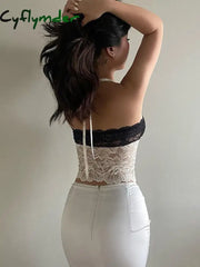 Cyflymder Off Shoulder Backless Halter Sexy Slim Cropprd Tops Women 2024 New Lace Patchwork Bow