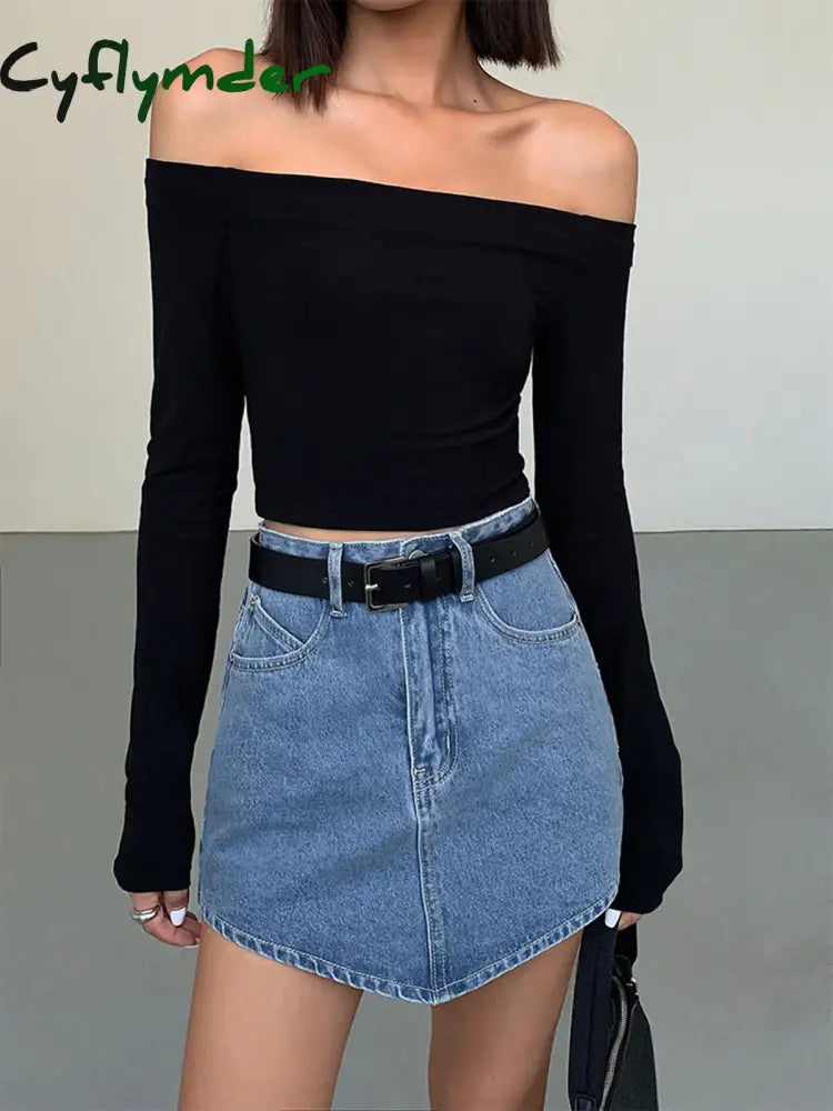 Cyflymder - Off Shoulder Crop Long Sleeve Shirt Black / Xs T-Shirts