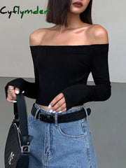 Cyflymder - Off Shoulder Crop Long Sleeve Shirt T-Shirts