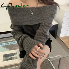 Cyflymder Off Shoulder Sexy Sweater Women Elegant Knitted Pullovers Korean Style Long Sleeve Fashion Autumn Winter