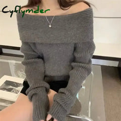 Cyflymder Off Shoulder Sexy Sweater Women Elegant Knitted Pullovers Korean Style Long Sleeve Fashion Autumn Winter