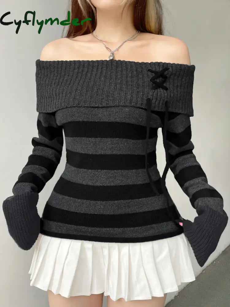 Cyflymder Off Shoulder Slim Knitted Stripe Jumper Women Lace-Up Slash Neck Long Sleeve Sweater Tee Korean Fashion