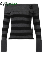 Cyflymder Off Shoulder Slim Knitted Stripe Jumper Women Lace-Up Slash Neck Long Sleeve Sweater Tee Korean Fashion