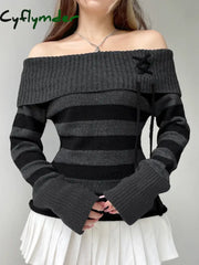 Cyflymder Off Shoulder Slim Knitted Stripe Jumper Women Lace-Up Slash Neck Long Sleeve Sweater Tee Korean Fashion