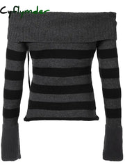Cyflymder Off Shoulder Slim Knitted Stripe Jumper Women Lace-Up Slash Neck Long Sleeve Sweater Tee Korean Fashion