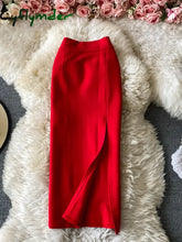 Cyflymder Office Lady Red/Black Pencil Skirt Women Elegant High Waist Split Faldas Female Casual Slim Bodycon Saias OL
