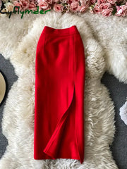 Cyflymder Office Lady Red/Black Pencil Skirt Women Elegant High Waist Split Faldas Female Casual Slim Bodycon Saias OL