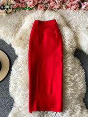 Cyflymder Office Lady Red/Black Pencil Skirt Women Elegant High Waist Split Faldas Female Casual Slim Bodycon Saias OL