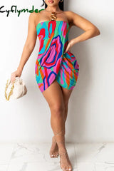 Cyflymder - Orange Sexy Print Patchwork Backless Strapless Sleeveless Dress Dresses