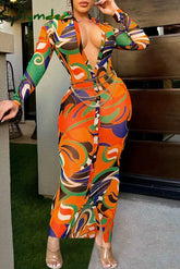 Cyflymder - Orange Sexy Print Patchwork Buckle Turndown Collar One Step Skirt Dresses