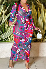 Cyflymder - Orange Sexy Print Patchwork Buckle Turndown Collar One Step Skirt Dresses