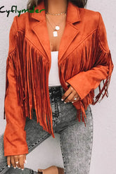 Cyflymder - Orange Street Solid Tassel Patchwork Turndown Collar Outerwear Jackets