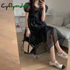 Cyflymder Organza Puff Sleeve A Line Solid O Neck Dresses Women + Sling Two Piece Set Black / One