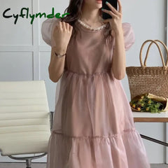 Cyflymder Organza Puff Sleeve A Line Solid O Neck Dresses Women + Sling Two Piece Set Pink / One