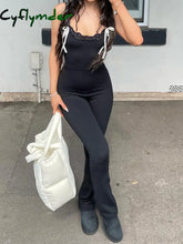 Cyflymder summer inspo Black Solid Sleeveless Skinny Sexy Flared Jumpsuits Women Lace Trim Tie Bow Cute Sweet Y2K Slip
