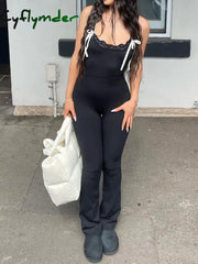 Cyflymder summer inspo Black Solid Sleeveless Skinny Sexy Flared Jumpsuits Women Lace Trim Tie Bow Cute Sweet Y2K Slip