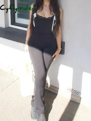 Cyflymder summer inspo Black Solid Sleeveless Skinny Sexy Flared Jumpsuits Women Lace Trim Tie Bow Cute Sweet Y2K Slip