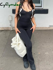 Cyflymder summer inspo Black Solid Sleeveless Skinny Sexy Flared Jumpsuits Women Lace Trim Tie Bow Cute Sweet Y2K Slip