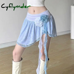 Cyflymder outfit ideas French Elegant Sweet Rose Ribbon Gauze Skirt Female Short Double-layer Asymmetric Y2k Hotsweet