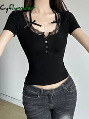 Cyflymder summer inspo Halter Neck Lace Trim Bow Cute Black Y2K T-Shirt Women Button Up Slim Short Sleeve White Tees