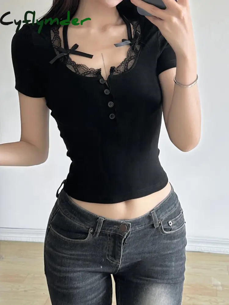 Cyflymder summer inspo Halter Neck Lace Trim Bow Cute Black Y2K T-Shirt Women Button Up Slim Short Sleeve White Tees