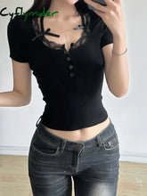 Cyflymder summer inspo Halter Neck Lace Trim Bow Cute Black Y2K T-Shirt Women Button Up Slim Short Sleeve White Tees