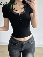 Cyflymder summer inspo Halter Neck Lace Trim Bow Cute Black Y2K T-Shirt Women Button Up Slim Short Sleeve White Tees