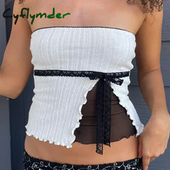 Cyflymder outfit ideas Hotsweet Bow Crop Tops Chic Lace Patchwork Strapless Vests Y2K Streetwear Aesthetic Fashion
