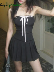 Cyflymder summer inspo Korean Fashion Contrast Tie Bow Strapless A Line Pleated Dress Women Cute Sweet Kawaii Clothing