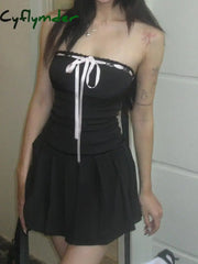 Cyflymder summer inspo Korean Fashion Contrast Tie Bow Strapless A Line Pleated Dress Women Cute Sweet Kawaii Clothing