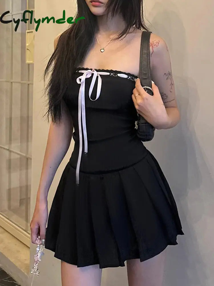 Cyflymder summer inspo Korean Fashion Contrast Tie Bow Strapless A Line Pleated Dress Women Cute Sweet Kawaii Clothing
