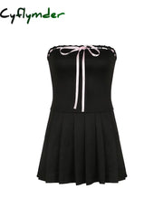 Cyflymder summer inspo Korean Fashion Contrast Tie Bow Strapless A Line Pleated Dress Women Cute Sweet Kawaii Clothing